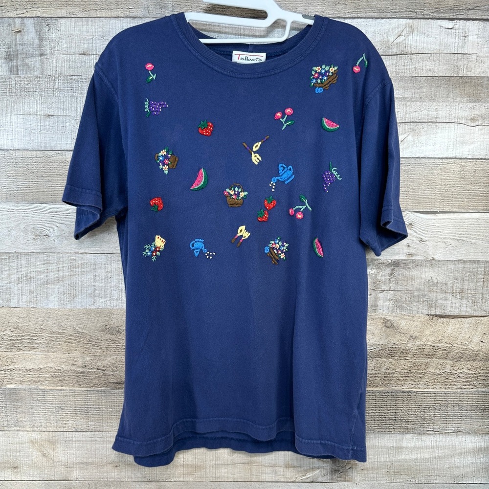 Talbots Vintage Navy Blue‎ Embroidered Fruit Flower Garden Cotton T-Shirt Medium